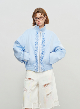 【陈稳同款】SOFITTE 26SS蓝色木耳边蕾丝花边哈灵顿夹克休闲外套