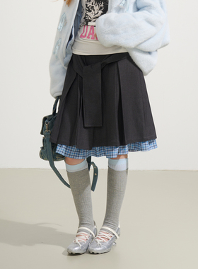 SOFITTE 25AW灰色拼接格纹A字绑带半裙休闲百搭舒适女款