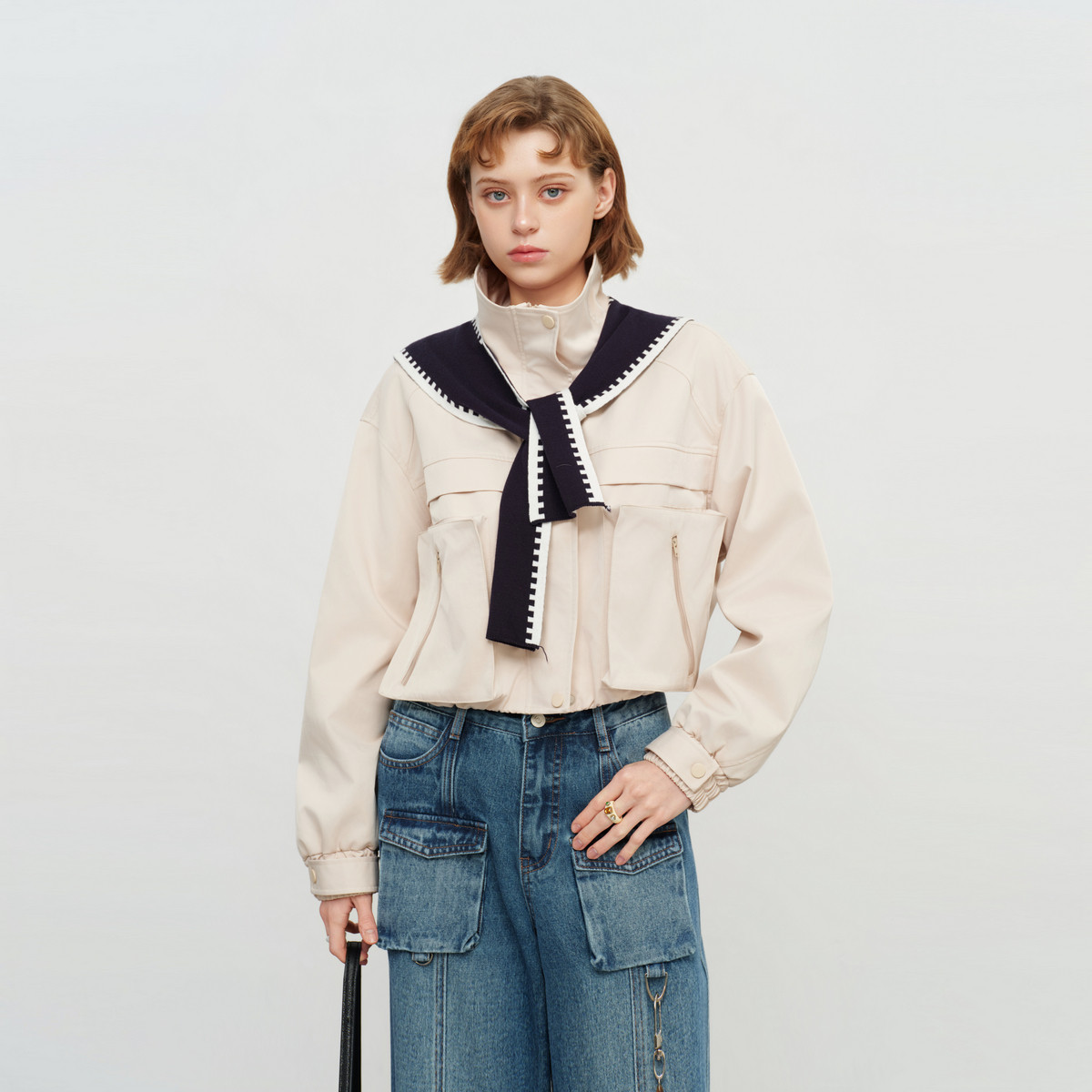 SOFITTE 26SS卡其色海军领披肩工装外套口袋短款夹克休闲男女同款,女装/女士精品,短外套,淘宝优惠券,粉丝福利购,淘宝优惠卷