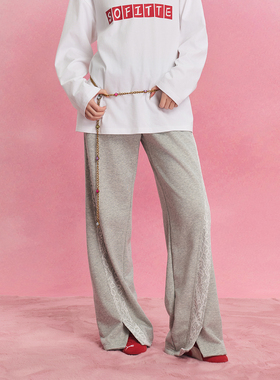 SOFITTE 25SS灰色蕾丝拼接设计感休闲裤时尚百搭宽松阔腿卫裤女