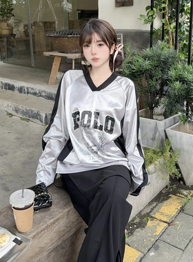 SOFITTE 潮流V领缎面美式球衣长袖T恤时尚休闲秋季新款上衣男女款