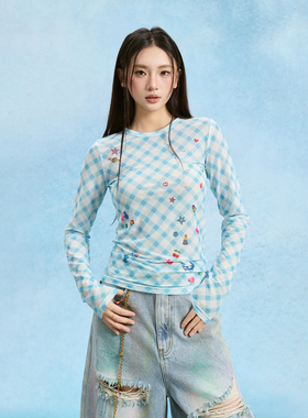 SOFITTE 25SS夏季蓝色格纹圆领宽松氛围感穿搭贴纸3D印花打底衫女