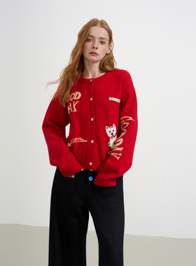 SOFITTE 25AW红色小狗提花短款毛衫外套百搭通勤修身开衫上衣女