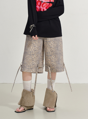 SOFITTE 25AW豹纹七分裤复古洗水宽松绑带设计感显瘦百搭男女同款