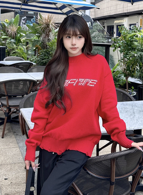 SOFITTE 红色珍珠logo水洗破坏毛衣秋冬纯棉圆领时尚字母毛衫男女