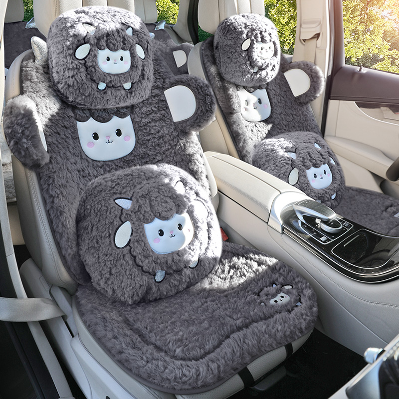 新款冬季毛绒小绵羊汽车坐垫保暖加厚女士座垫可爱卡通车载座椅套