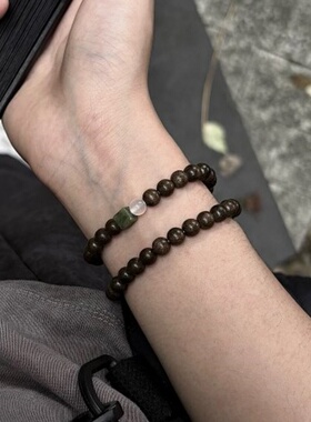 天然阴沉木双圈叠戴手串南方玉白玛瑙情侣手串男女款简约百搭木质