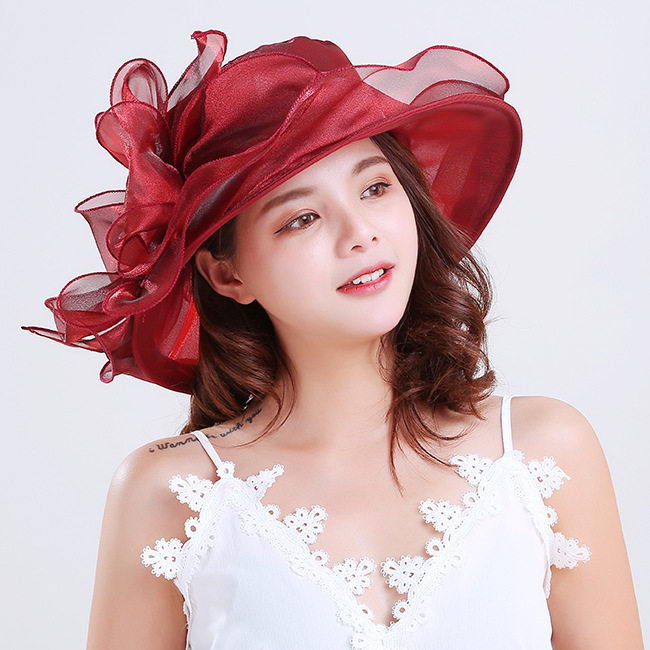 新款欧根纱帽子韩版百搭大沿帽沙滩防紫外线太阳帽蝴蝶结网纱礼帽