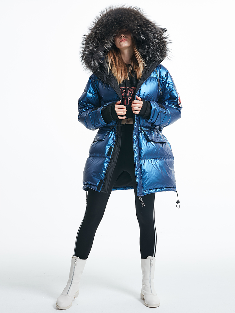 Big hair collar down jacket female 2020 new Korean fashion glossy middle and long version waist thickened Dongdaemun goose down jacket