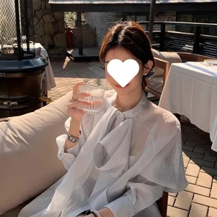 飄帶純色寬松新款 長袖 2025年垂感女襯衫 薄款 防曬減齡襯衣夏季