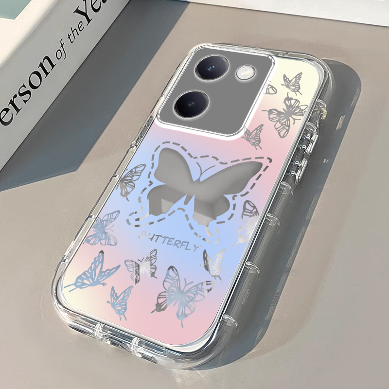 适用vivoy100i手机壳新款Y100/y200i镜面y53s保护套vovoy52s全包y31s标准版防摔y33s渐变蝴蝶y32t/y30g/y93女