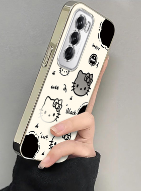 OPPOReno12手机壳OPPO新款Reno12Pro5G套OPPORone125G电镀OPPOReon全包防摔OPPORneo女生OPP0PP0PPO黑白kt猫