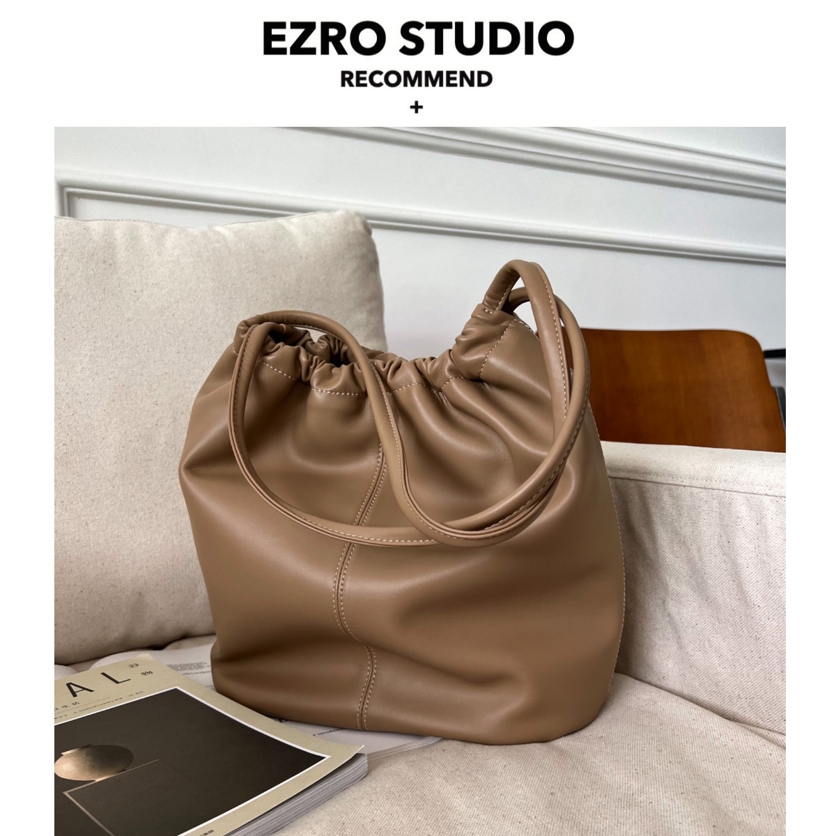 EZRO褶皱柔软真皮简约腋下水桶包