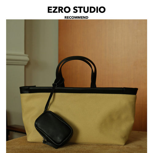 EZRO真皮拼帆布撞色手提托特包