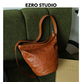 一作 EZRO 美拉德色手抓纹牛皮褶皱感头层牛皮真皮斜挎水桶包