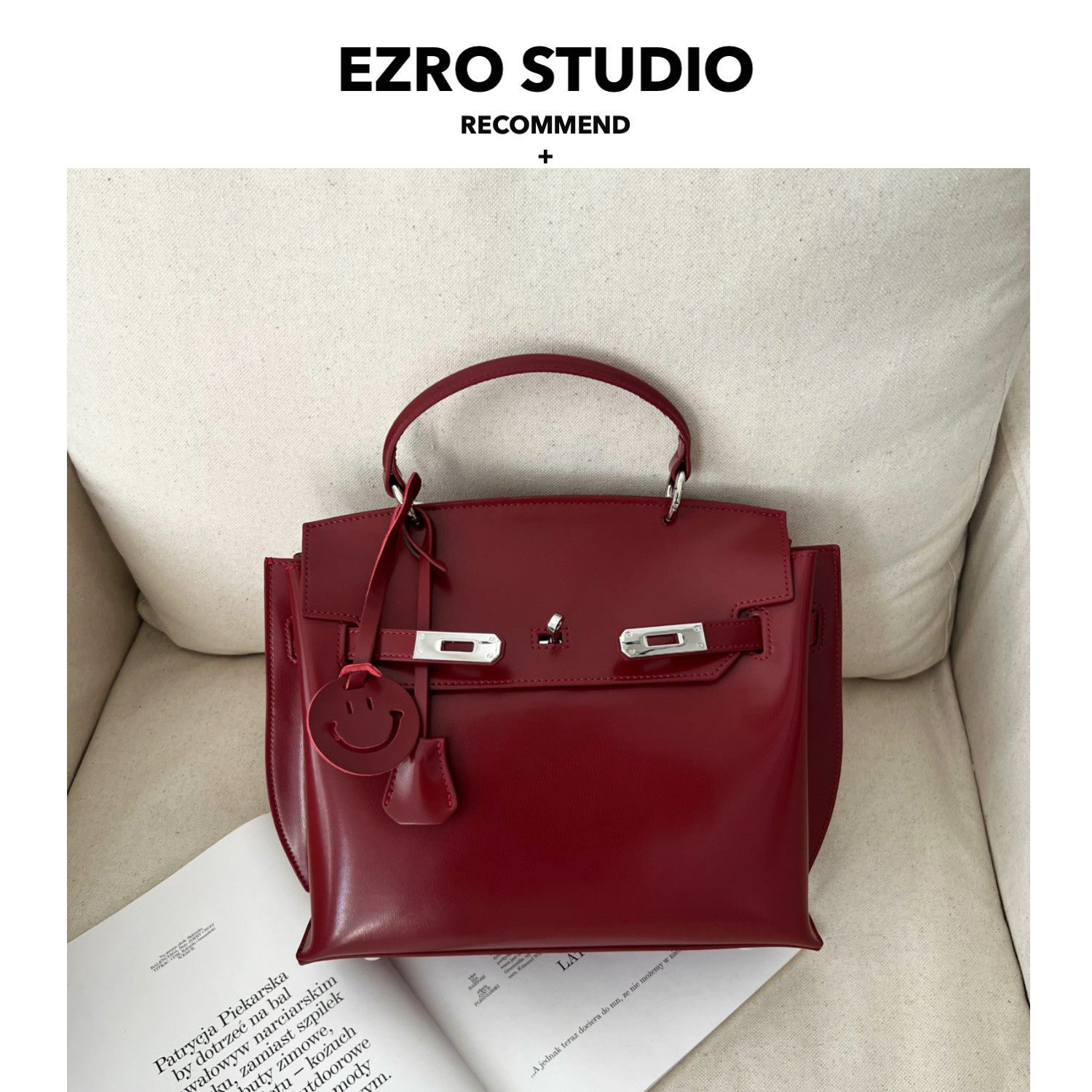 【EZRO】复古高级开边珠牛皮红色真皮手提凯莉包托特包斜挎女包