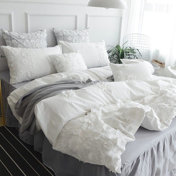 韩式风公主立体花朵蕾丝全棉四件套绣花被套纯棉床裙1.8m结婚床品