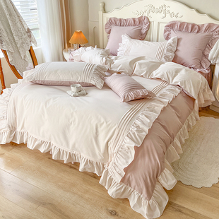 韩式粉色公主风100全棉床上四件套纯棉荷叶边被套少女心网红床裙4