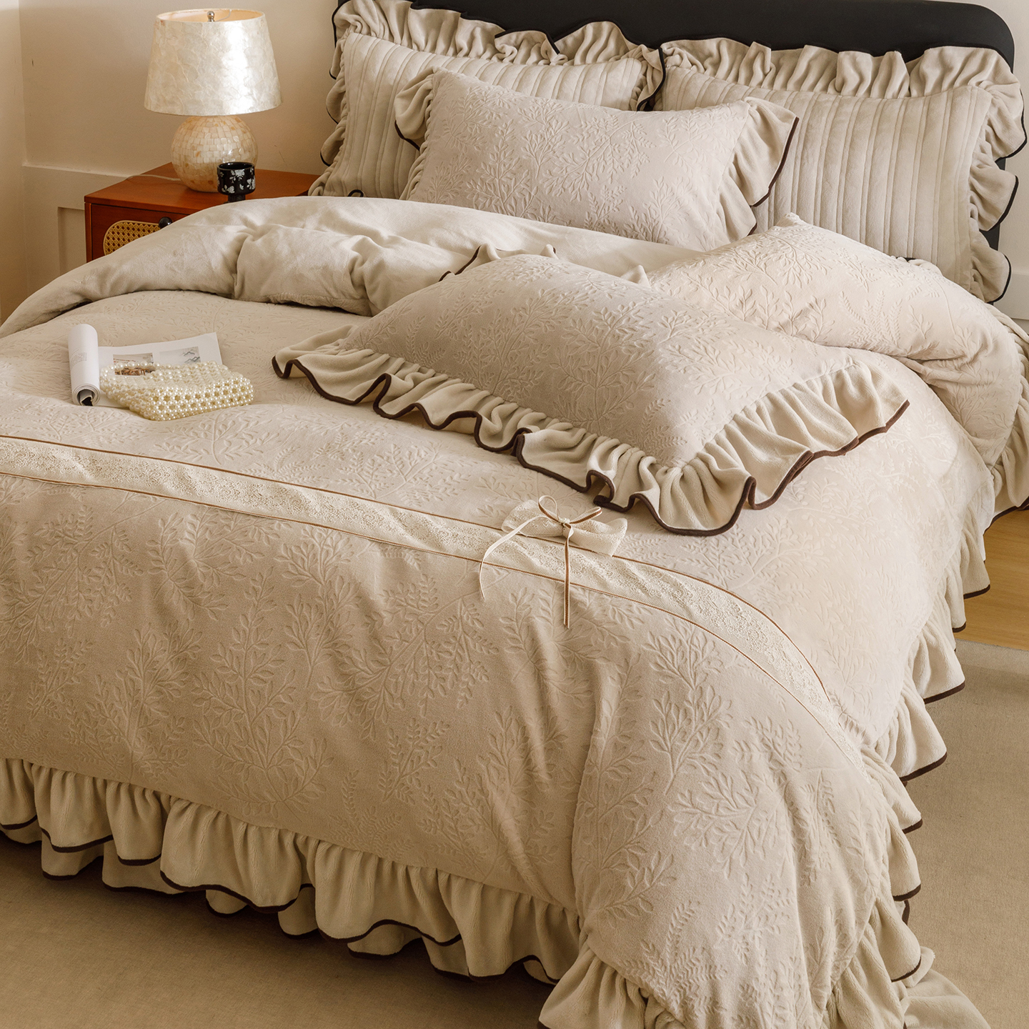 法式复古雕花牛奶绒四件套蝴蝶结花边被套床盖公主风加厚加绒床品