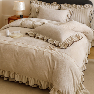 法式复古雕花牛奶绒四件套蝴蝶结花边被套床盖公主风加厚加绒床品
