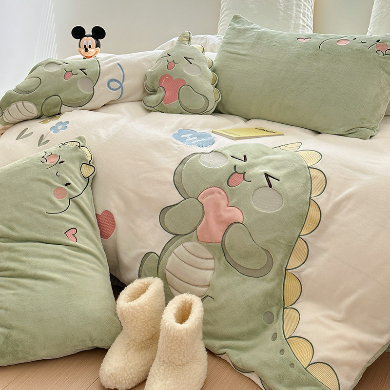 冬季加绒卡通牛奶绒床上四件套男孩儿童被套加厚双面绒珊瑚绒床单