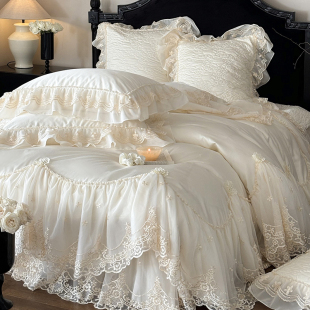 法式 浪漫全棉长绒棉四件套公主风蕾丝花边被套高级感夹棉加厚床盖