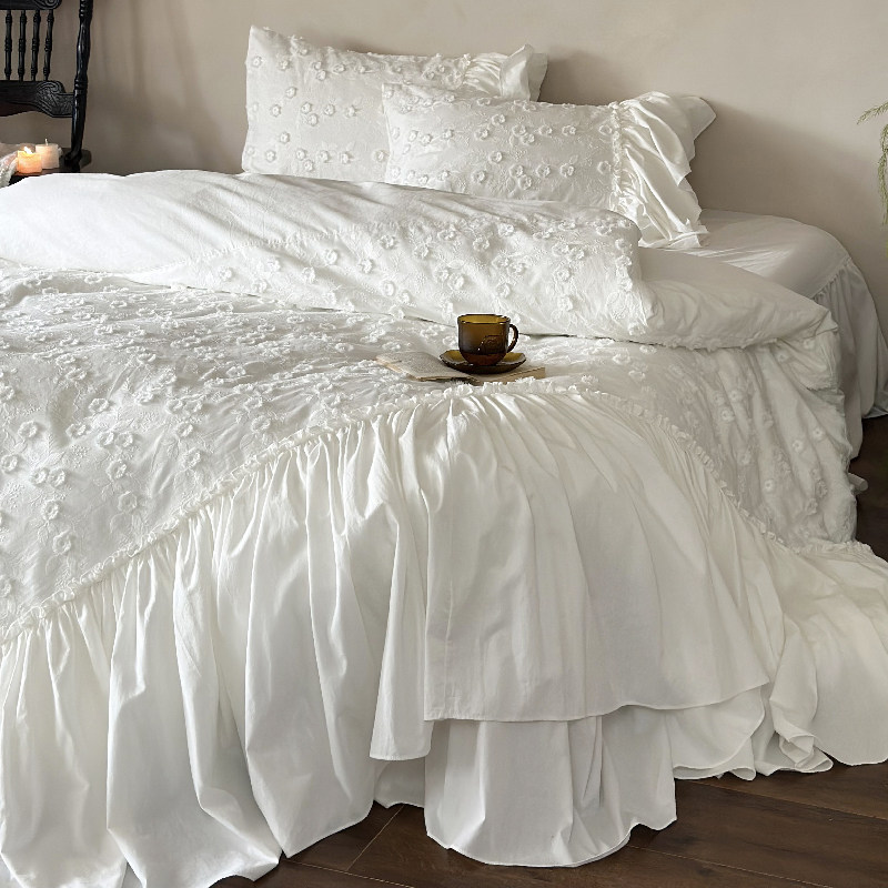 法式仙女床裙款全棉四件套纯棉水洗棉立体绣花被套公主风白色床品