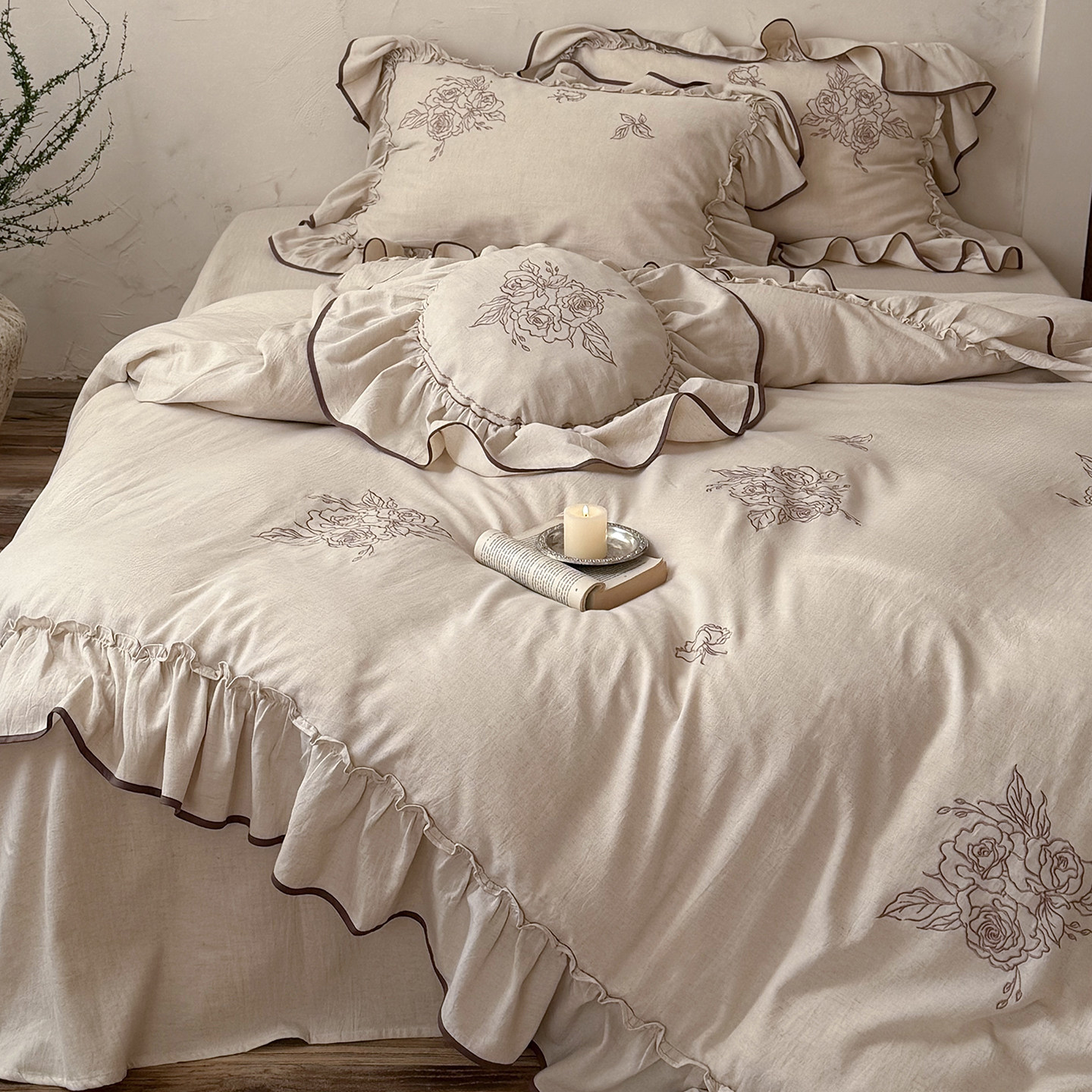 法式复古棉麻混纺四件套亚麻纯棉裸睡柔软刺绣被套高级感床上用品