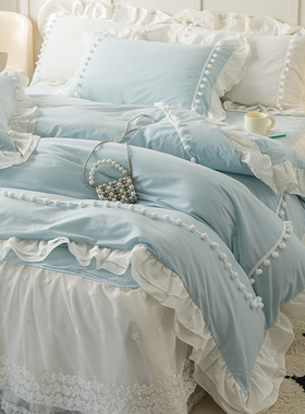 网红公主风100全棉纯棉四件套轻奢荷叶边被套加厚蕾丝夹棉床裙款4