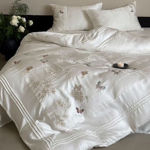 法式新中式天丝四件套凉感蝴蝶刺绣被套床单夏季高级白色冰丝床品