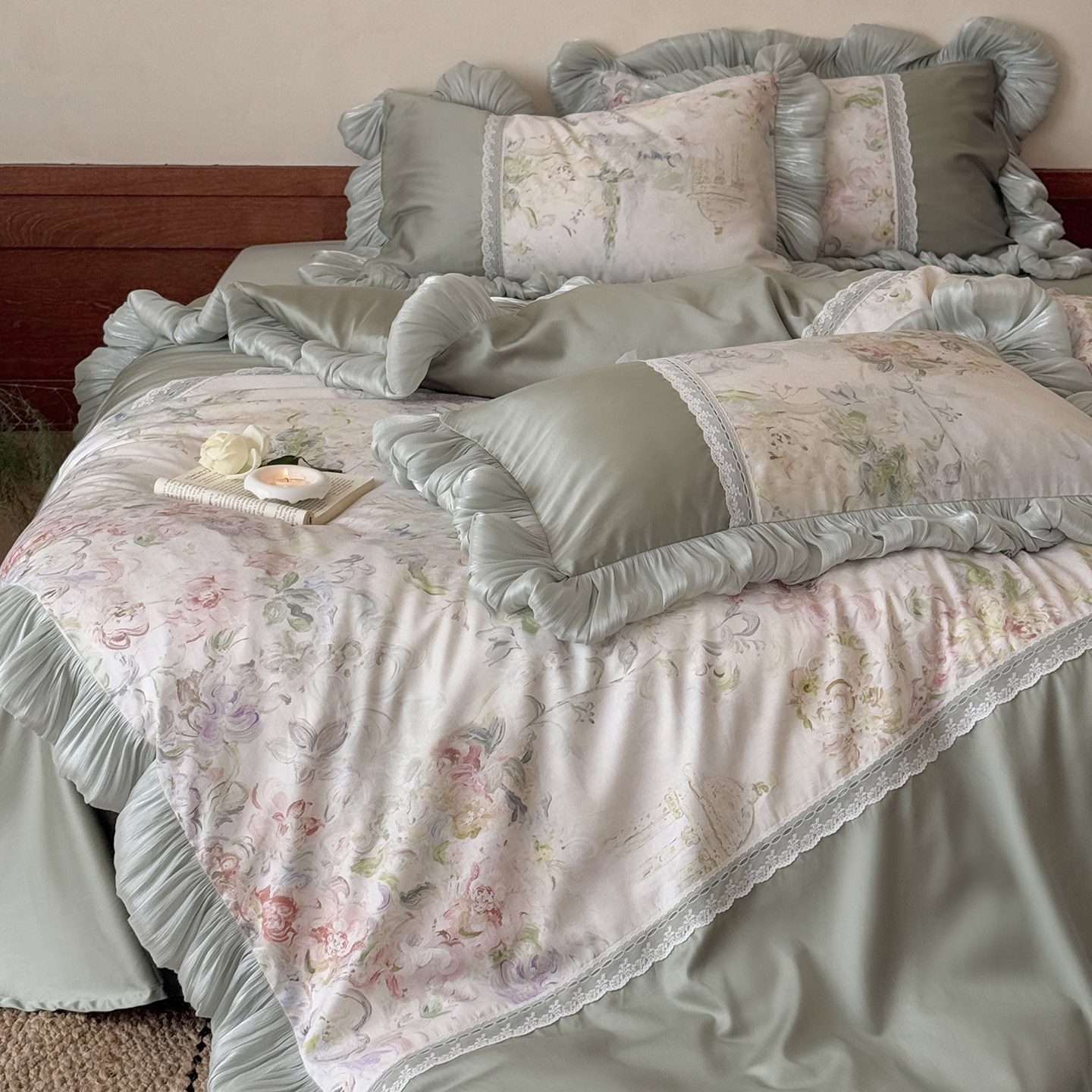 法式浪漫油画全棉长绒棉四件套田园印花被套高级琉璃纱边纯棉床单