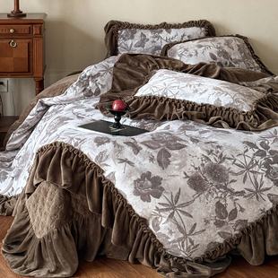 法式 复古花卉牛奶绒加厚四件套保暖双面绒花边被套床盖床笠冬床品