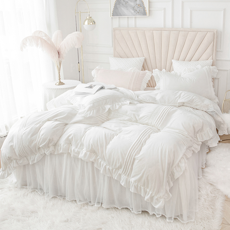 冬季公主风珊瑚绒白色床裙四件套