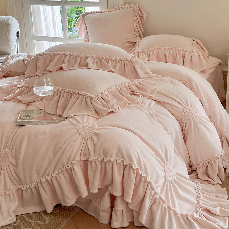 四件套牛奶绒加厚床单公主风揪花