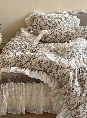 法式复古花卉床盖款牛奶绒四件套公主风蕾丝被套保暖夹棉加绒床品