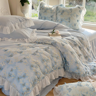 法式 立体蝴蝶全棉水洗棉四件套公主风蕾丝花边纯棉被套床单床裙款