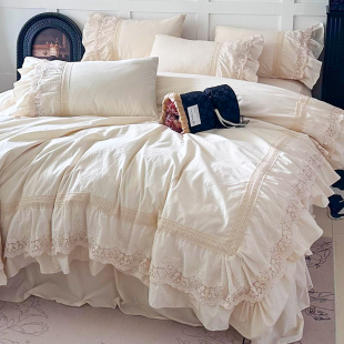 法式 奶油风全棉水洗棉四件套镂空蕾丝边被套床单床裙公主纯棉床品