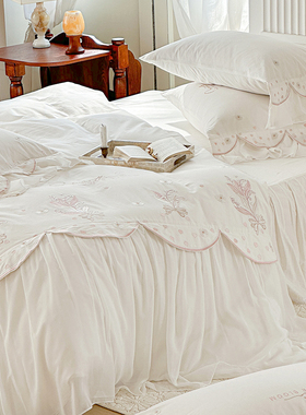 法式轻奢白色100全棉床上四件套纯棉公主风蕾丝刺绣被套床裙款ins