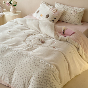 法式冬季少女保暖加厚牛奶绒四件套可爱卡通刺绣花边被套床单床品