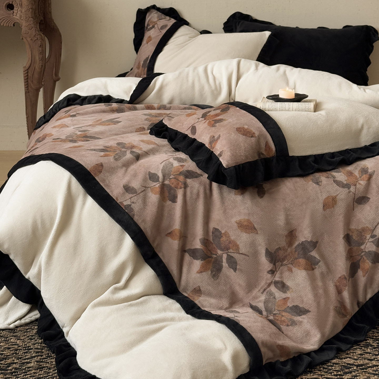 法式中古风花卉牛奶绒四件套公主风荷叶花边被套冬季保暖床笠床单,床上用品,床品套件/四件套/多件套,淘宝优惠券,粉丝福利购,淘宝优惠卷