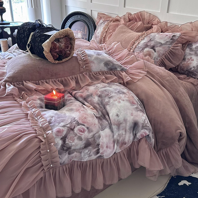 冬季法式复古公主风牛奶绒四件套珊瑚绒蕾丝花边被套加绒加厚床裙