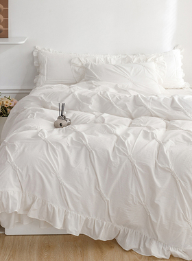 ins轻奢仙女白色水洗棉全棉四件套纯棉100公主风裸睡被套高档床裙