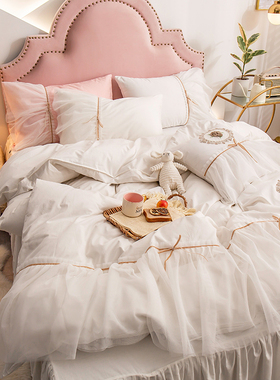 ins网红全棉100纯棉四件套少女心公主风白色床裙简约蕾丝被套欧式