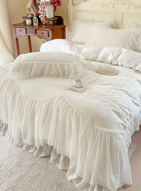 法式轻奢白色100全棉床上四件套公主风纯棉蕾丝被套仙女网红床裙4