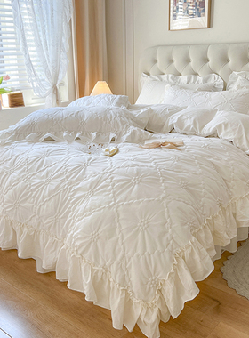 北欧高档全棉夏凉被白色床上四件套100纯棉夹棉被套轻奢仙女床裙4