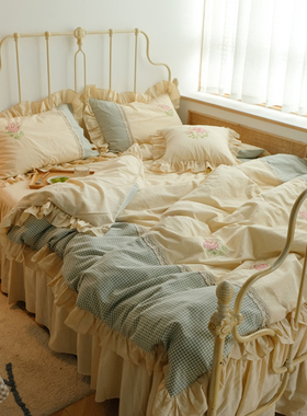 ins法式田园刺绣公主风四件套全棉100纯棉水洗棉少女心床裙款网红