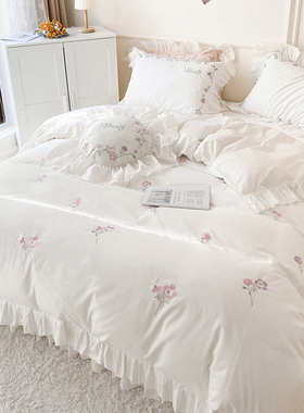 ins网红款纯棉四件套100全棉公主风荷叶边白色被套刺绣少女心床单