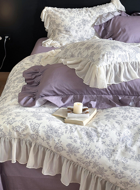 法式浪漫碎花全棉四件套100纯棉公主风田园蕾丝被套轻奢少女床单4