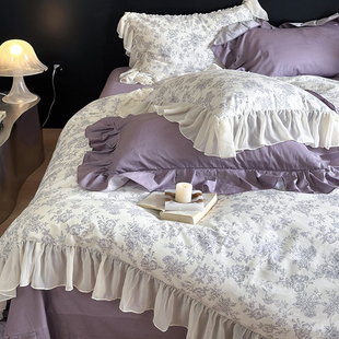 法式浪漫碎花全棉四件套100纯棉公主风田园蕾丝被套轻奢少女床单4