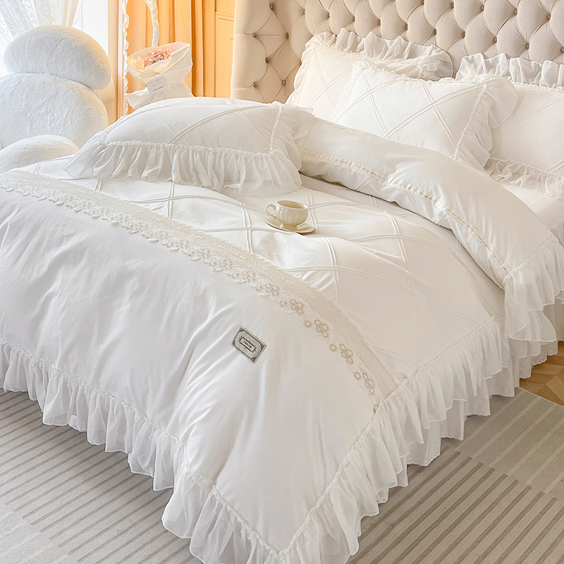 法式轻奢白色全棉床上四件套公主风100纯棉蕾丝被套高级仙女床裙4
